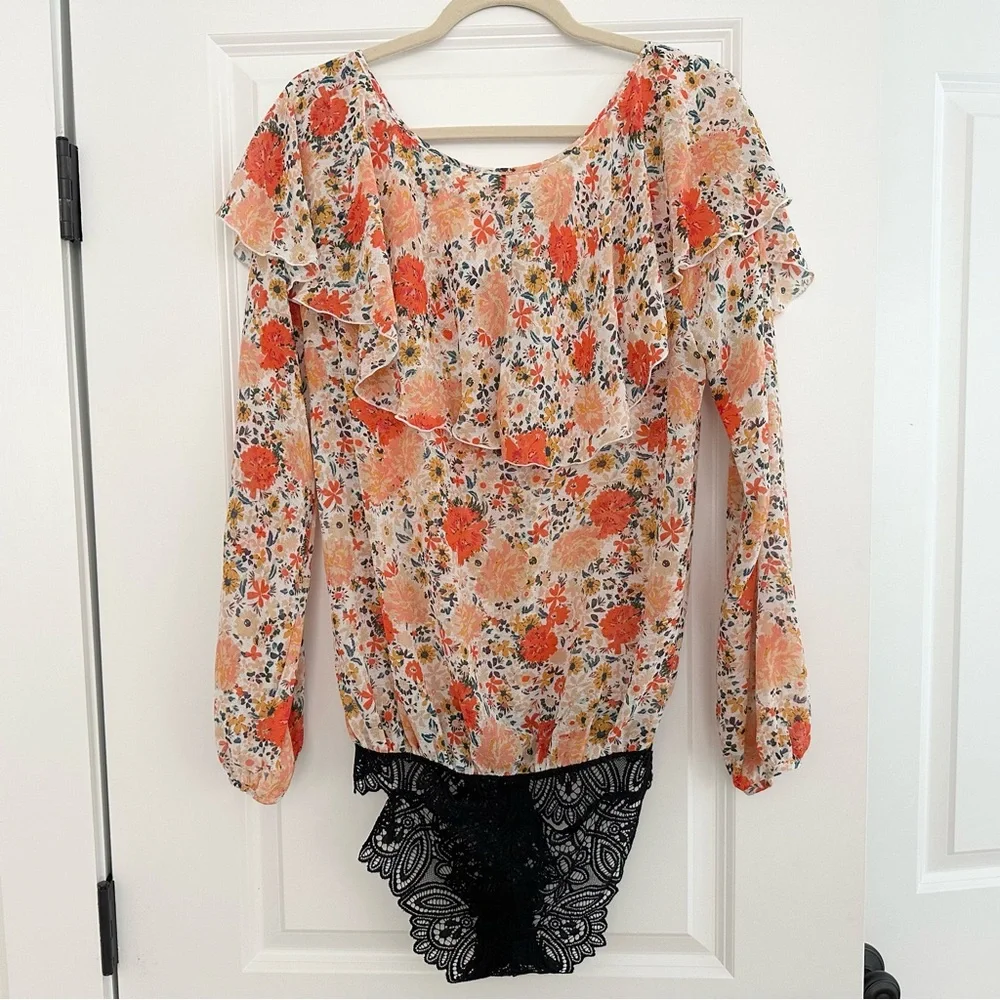 Free People Intimately Free Say It To Me Orange and Cream Bodysuit-Floral Blouse